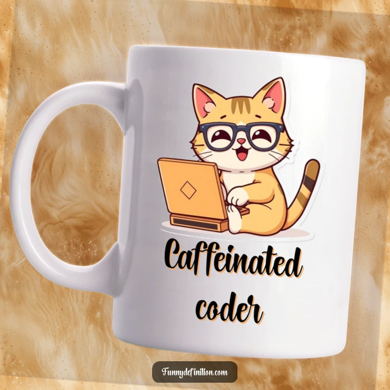 Funny mug showing a happy cat wearing oversized glasses, typing enthusiastically on a small laptop.