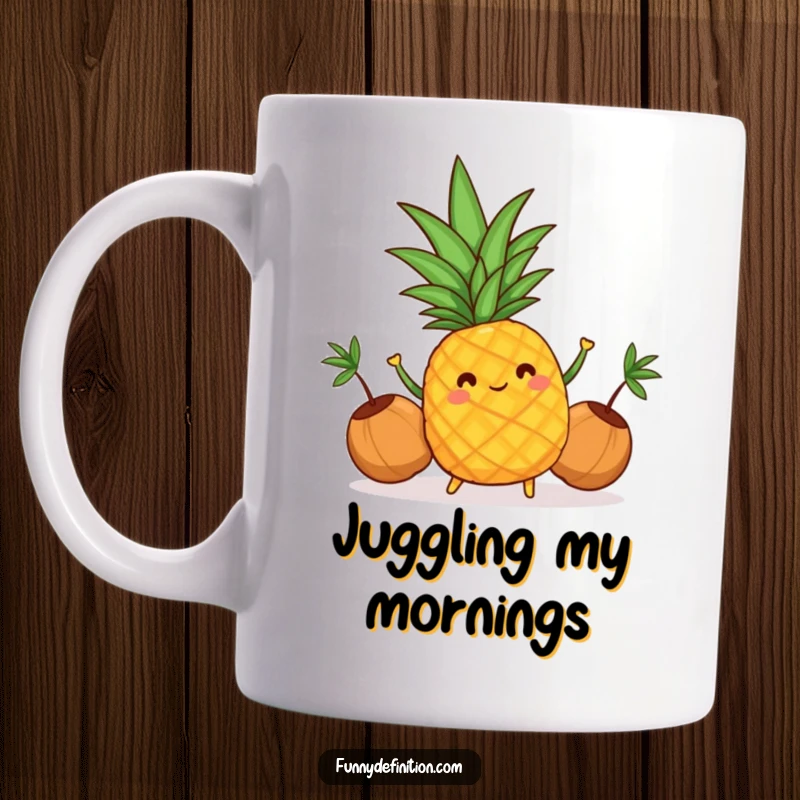 Funny mug with a cheerful pineapple energetically juggling three small coconuts, radiating tropical vibes and fun.
