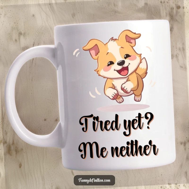 Funny dizzy dog mug depicting a dog comically spinning in a blur while chasing its tail, symbolizing playful energy.