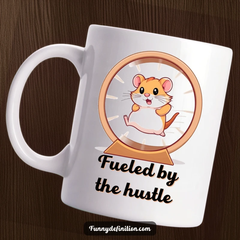 Funny focused hamster running at full speed in a giant wheel, creating a blur on a mug.
