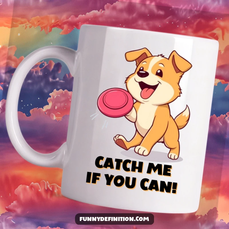 Funny dog mug showing a happy dog with its tongue out, mid-air, leaping enthusiastically to catch a frisbee in a playful chase.