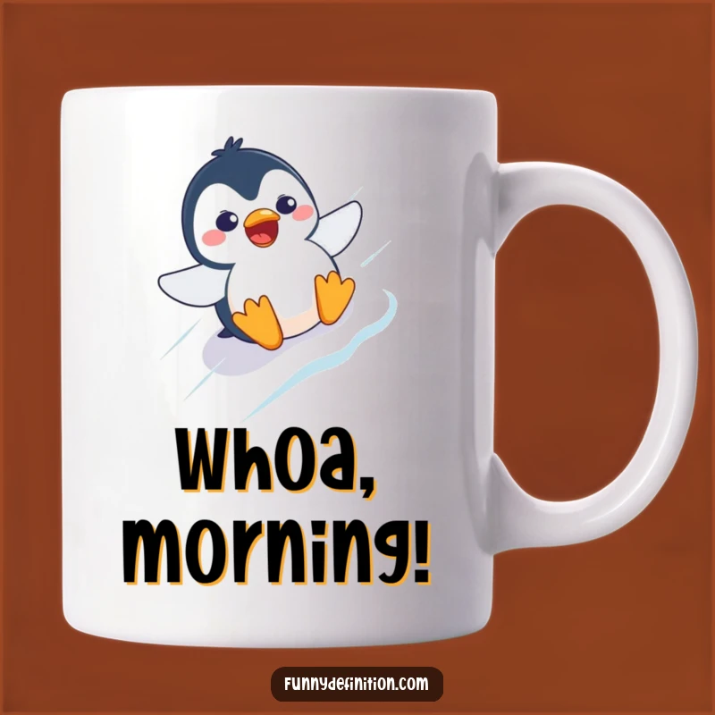 Funny Penguin Sliding Mug: Startled Character's Icy Adventure