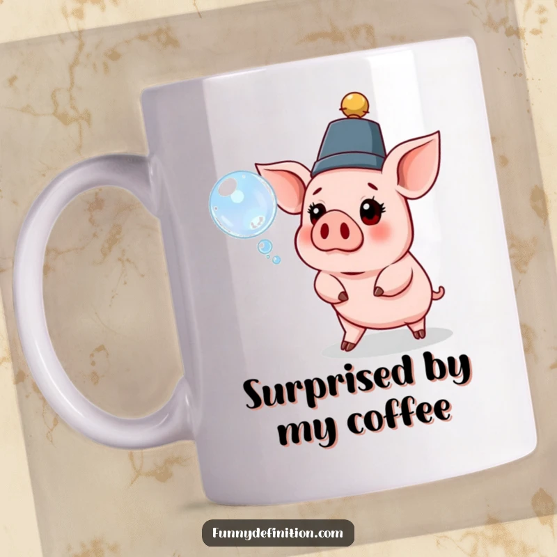 Funny pig mug with a ridiculous hat, looking utterly surprised as a large bubble floats by its snout.