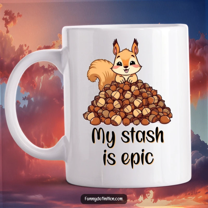 Funny squirrel greedily hoarding an absurdly large pile of acorns, looking determined and slightly smug. Nutty and hilarious design.