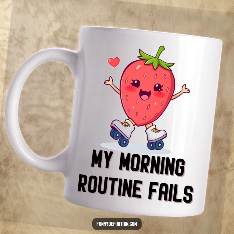 Funny mug with a plump strawberry wearing roller skates, mid-fall with legs flailing, conveying pure slapstick humor.