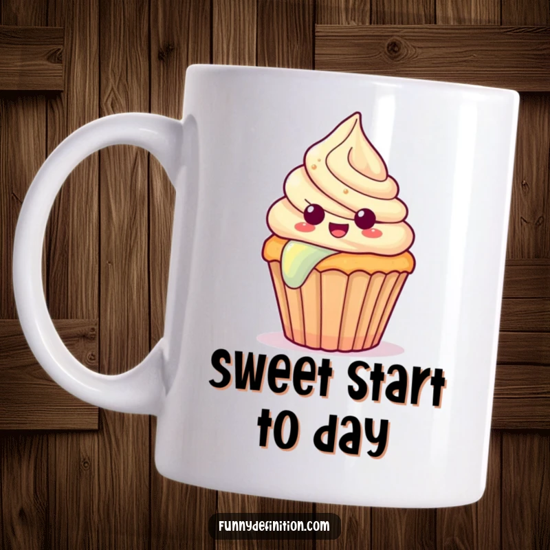 Funny cupcake mug showing a surprised cupcake with frosting joyfully sliding down a colorful rainbow.