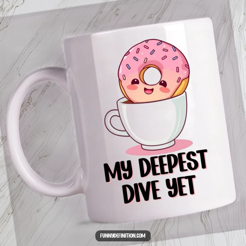 Funny coffee mug with a giggling donut floating upside down in a steaming cup of coffee, looking utterly delighted.