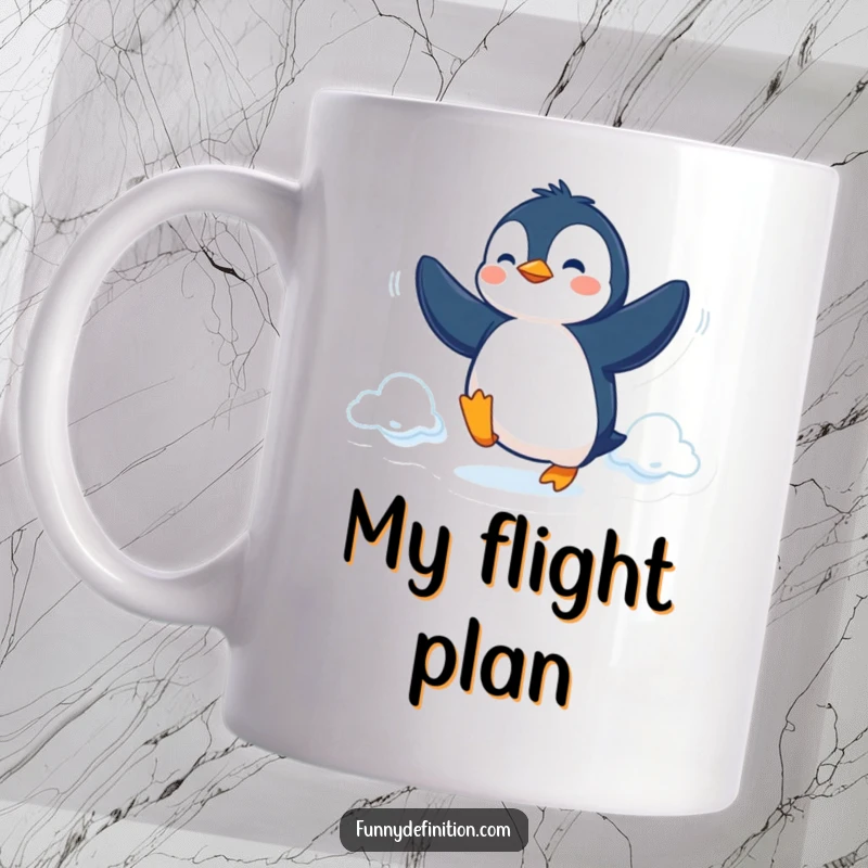 Funny Mug featuring a determined penguin comically attempting to fly using its flippers, showcasing ambition.