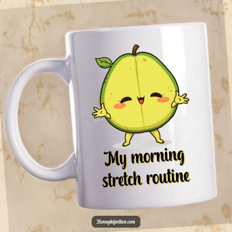 Funny Mug featuring a confident avocado performing a dramatic ballet split, showcasing its flexibility and humor.