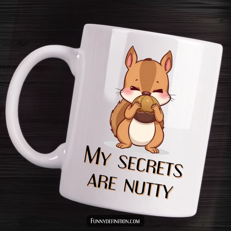 Funny mug depicting a nervous squirrel attempting to hide an oversized nut behind its small back, symbolizing secret stashes and humor.