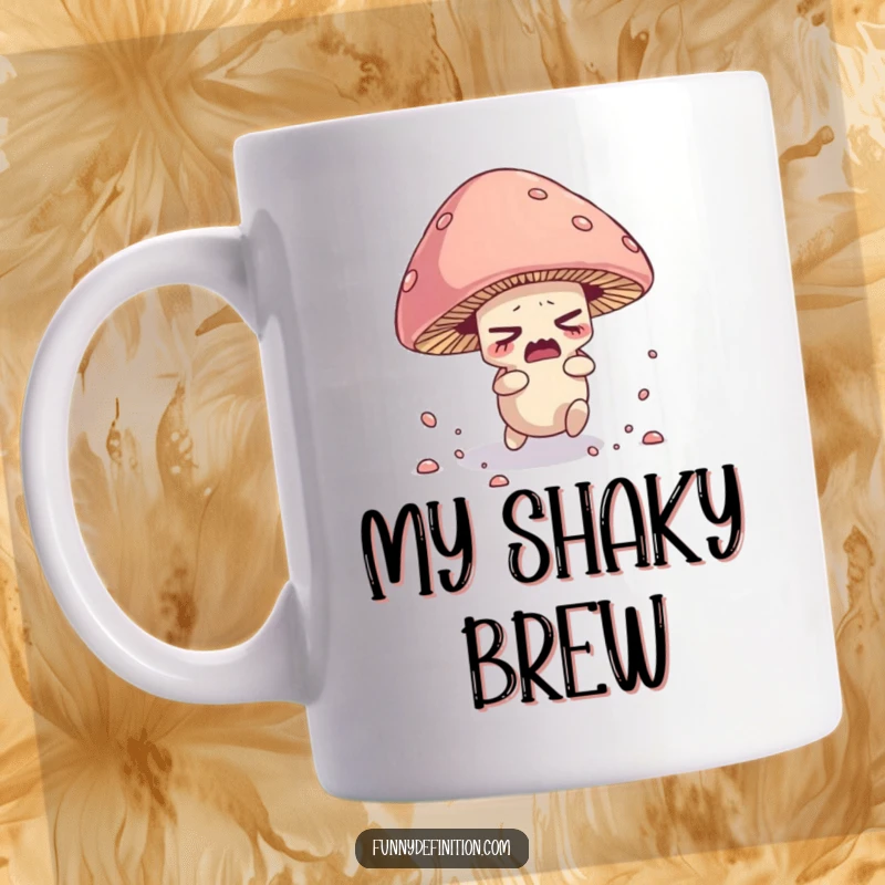 Funny mug showing a nervous mushroom character tripping over its own cap, scattering spores comically.