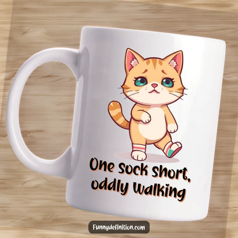 Funny mug showing a bewildered cat attempting to walk while wearing comically mismatched socks, radiating adorable confusion and feline struggle.