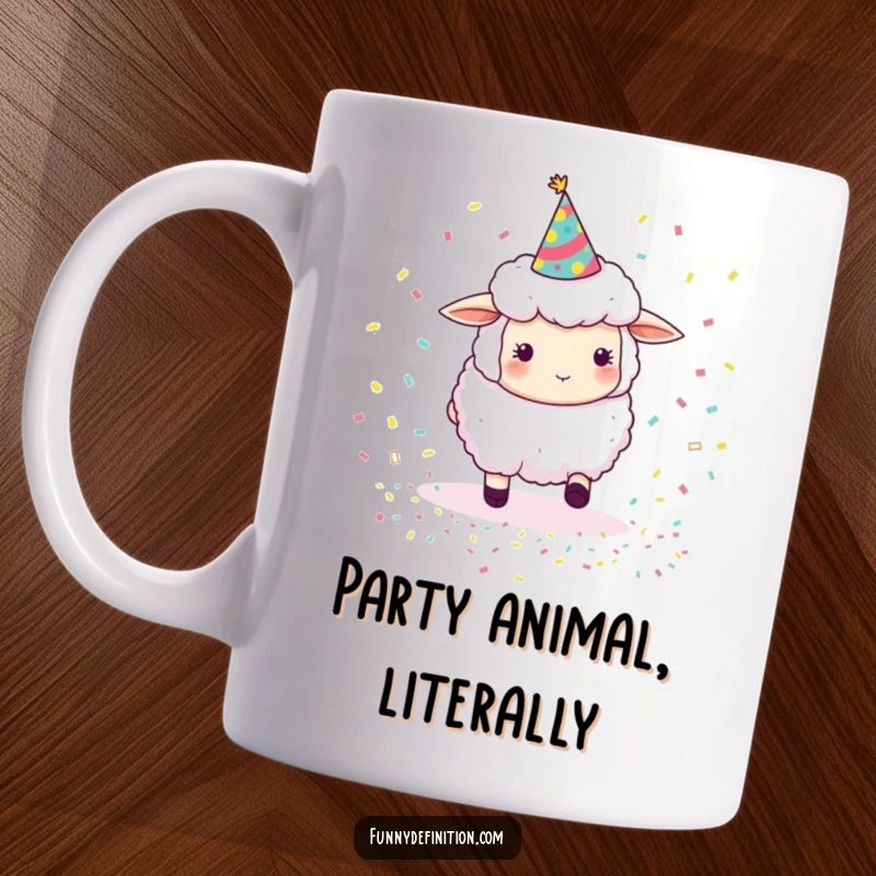 Funny sheep wearing a party hat, playfully herding tiny bouncing confetti, a whimsical and humorous design for mug lovers.