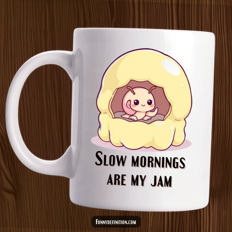 Funny snail peeking shyly from a giant, wobbly jelly mold on a ceramic mug, capturing awkward charm.