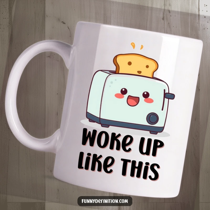 Funny mug showing a piece of toast dramatically popping out of a toaster with a shocked expression and open mouth.