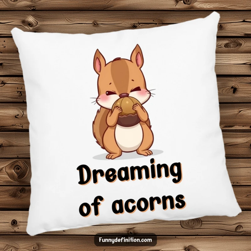 Funny pillow featuring a nervous squirrel trying to hide an oversized nut, providing comfortable humor and nature-themed decor.