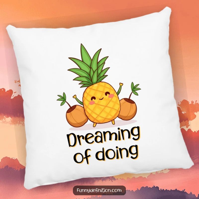 Funny pillow design of a cheerful pineapple juggling coconuts, perfect for adding tropical comfort and humor.