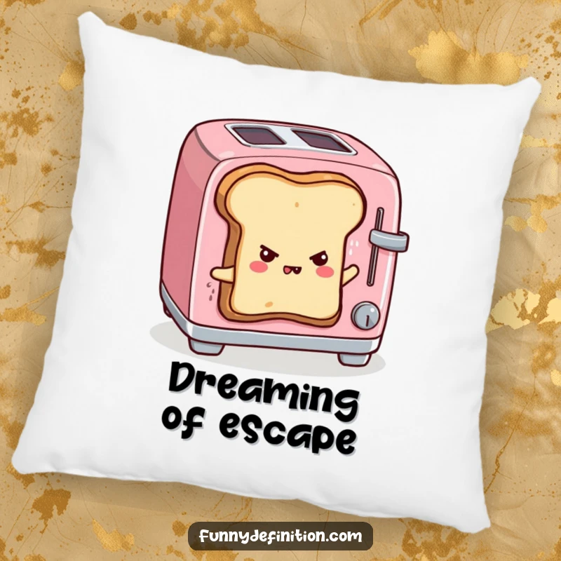 Funny pillow showcasing sentient toast escaping a toaster with a determined look, soft and humorous decorative accent.