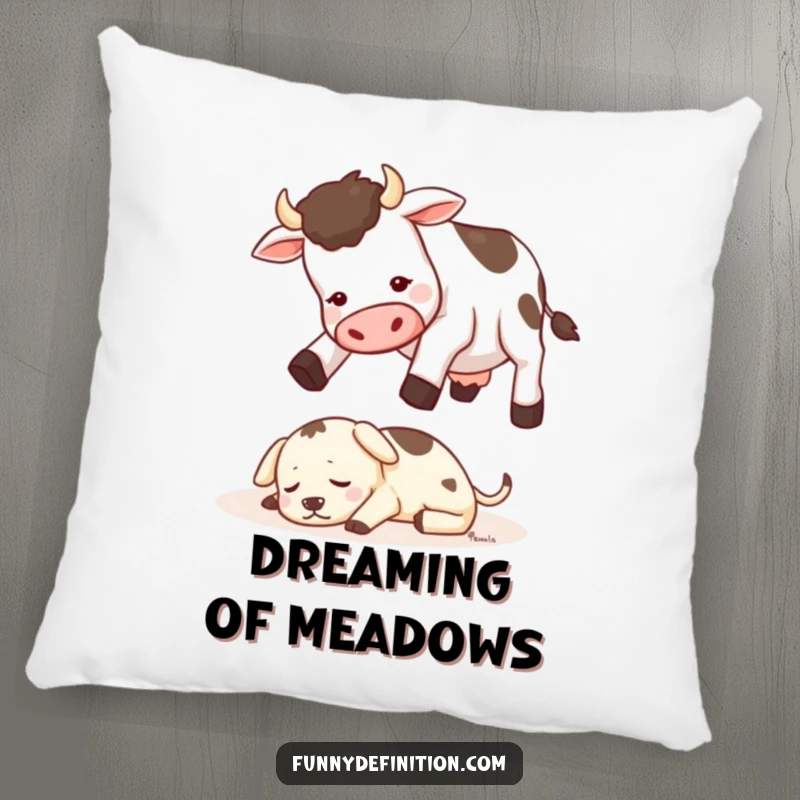 Funny pillow featuring a cow attempting to jump over a tiny, sleeping dog, offering comfortable humor and farm-themed decor.