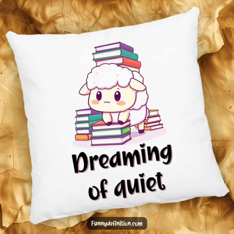 Funny sheep pillow designed with a startled sheep buried under a toppling stack of books, perfect for adding humor to any room.
