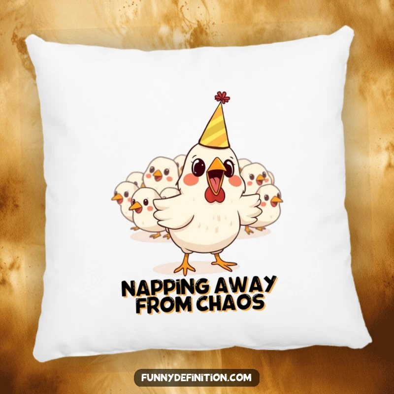 Funny pillow featuring a startled chicken in a tiny party hat escaping a flock, offering plush comfort and a dose of comedic relief.