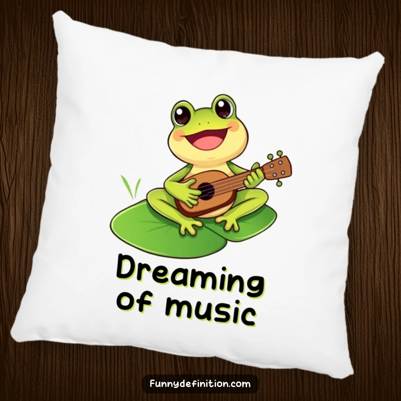 Funny cheerful frog playing a tiny ukulele on a lily pad, featured on a soft, comfortable pillow.