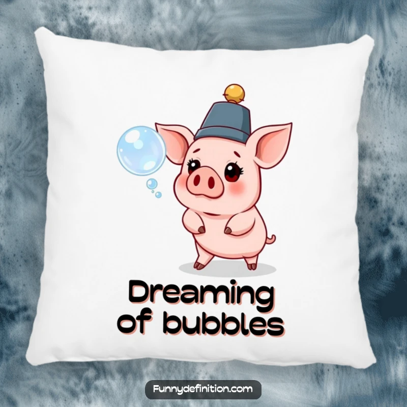 Funny pig pillow with a pig wearing a ridiculous hat, looking surprised by a floating bubble, soft and decorative.