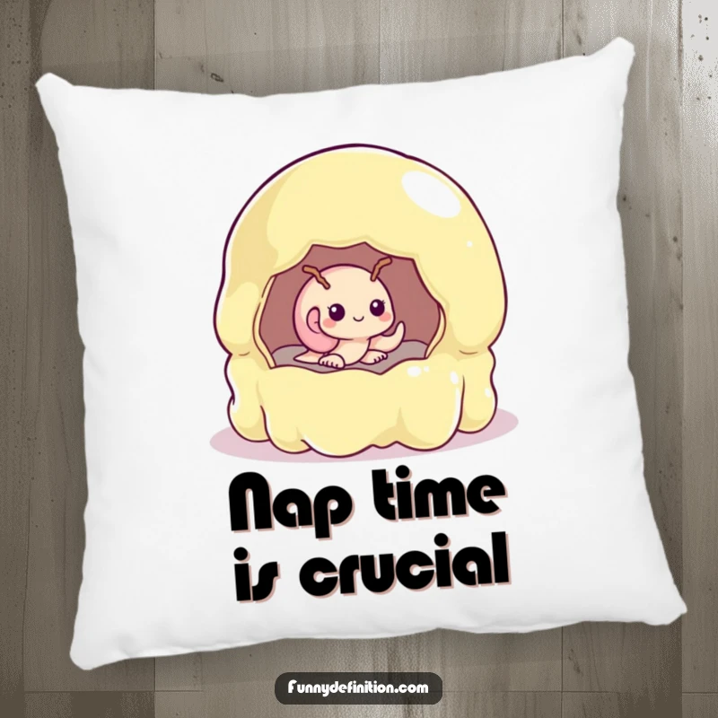 Funny snail shyly peeking from a huge, unstable jelly mold, designed on a soft decorative pillow.