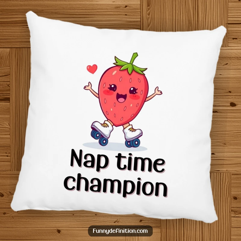 Funny pillow design of a plump strawberry on roller skates, hilariously mid-fall, adding a touch of whimsical humor to decor.