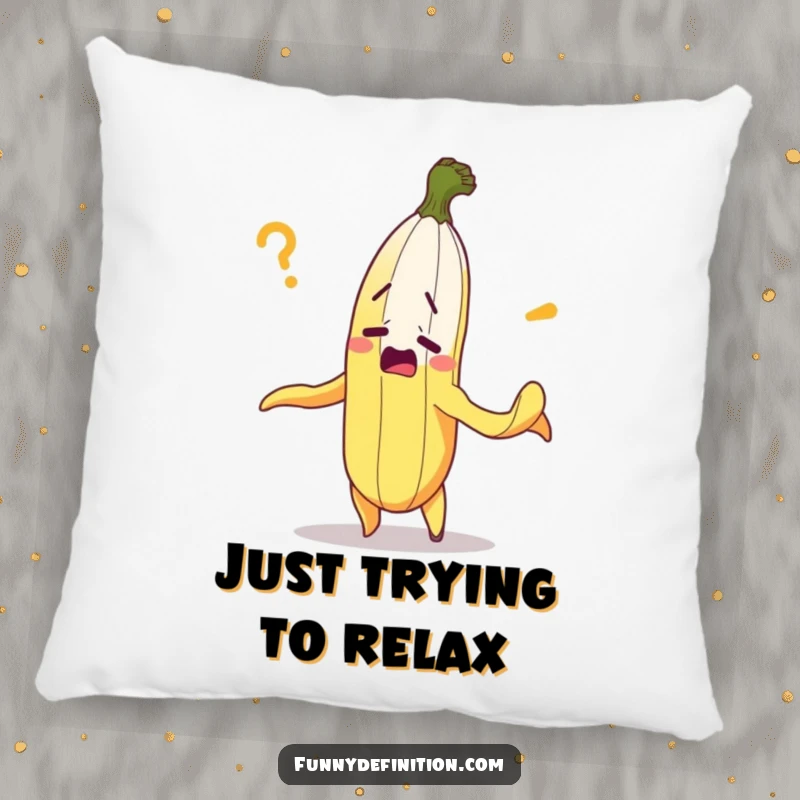 Funny pillow with a bewildered banana hilariously peeling itself, offering comfort with a side of confusion.
