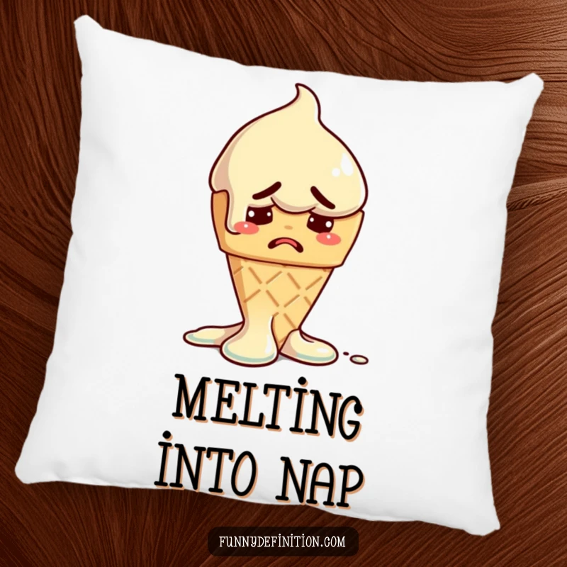 Funny pillow with a melting ice cream cone showing a worried expression, providing comfortable humor and dessert-themed decor.