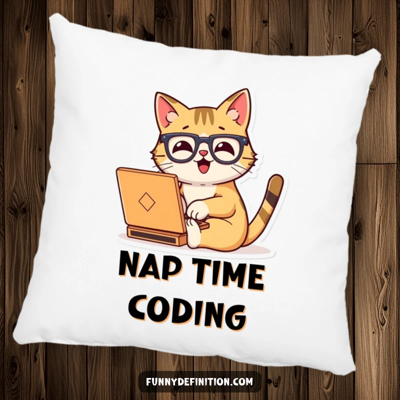 Funny pillow depicting a happy cat wearing oversized glasses, typing enthusiastically on a miniature laptop.
