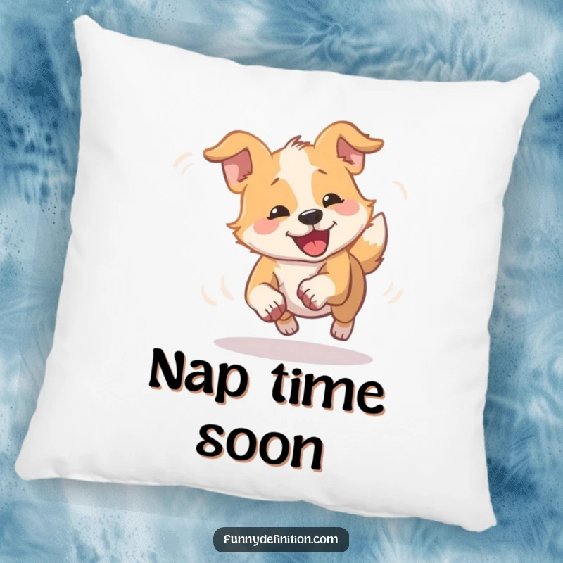 Funny dizzy dog pillow design of a dog comically spinning in a blur chasing its tail, perfect for cozy, humorous decor.