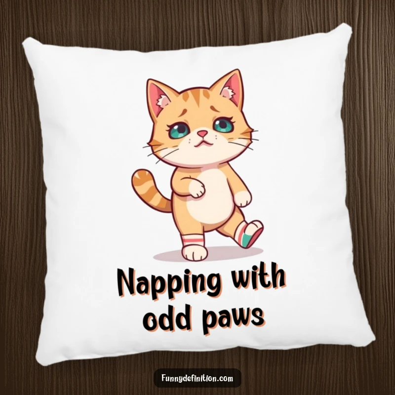 Funny pillow featuring a confused cat attempting to walk in mismatched socks, offering plush comfort and a dose of comedic relief.