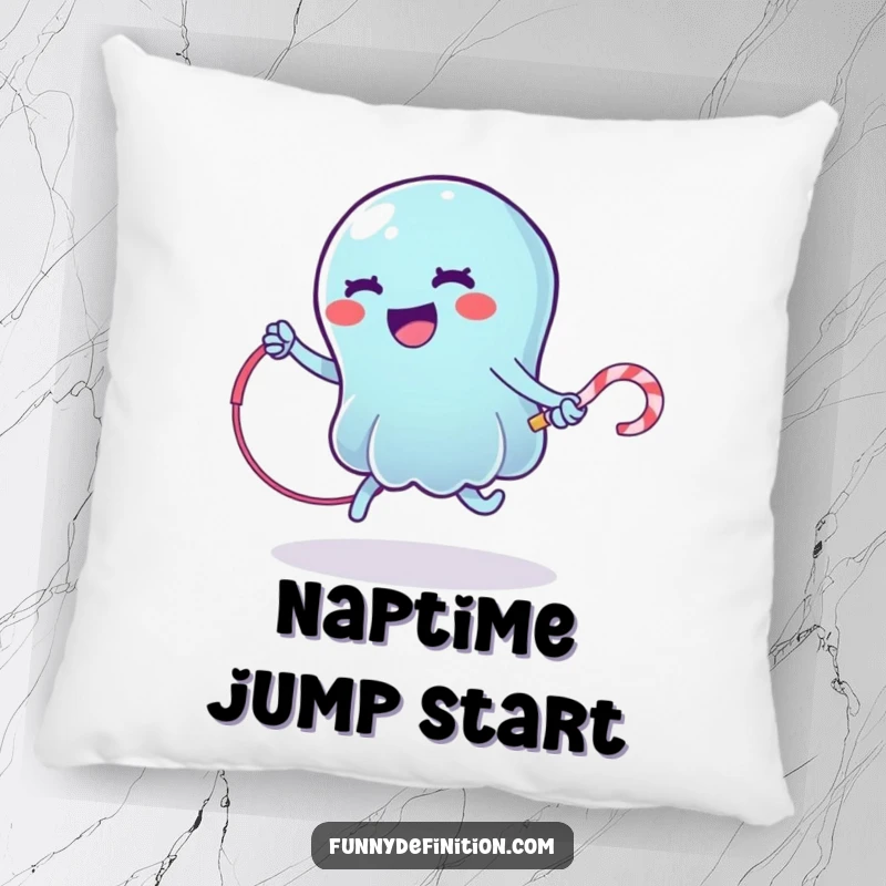Funny pillow showcasing a wobbly jelly character jumping rope with a licorice whip, soft and humorous decorative item.