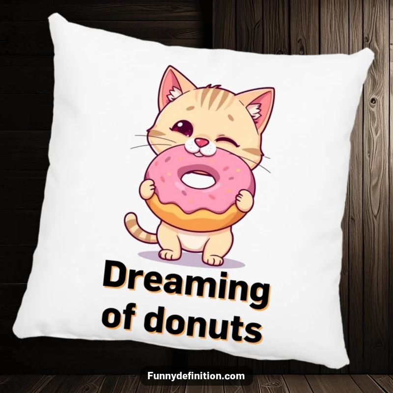 Funny Cat Pillow: A wobbly cat balances a delicious donut on its nose, providing comfort and humor, a delightful funny gift.