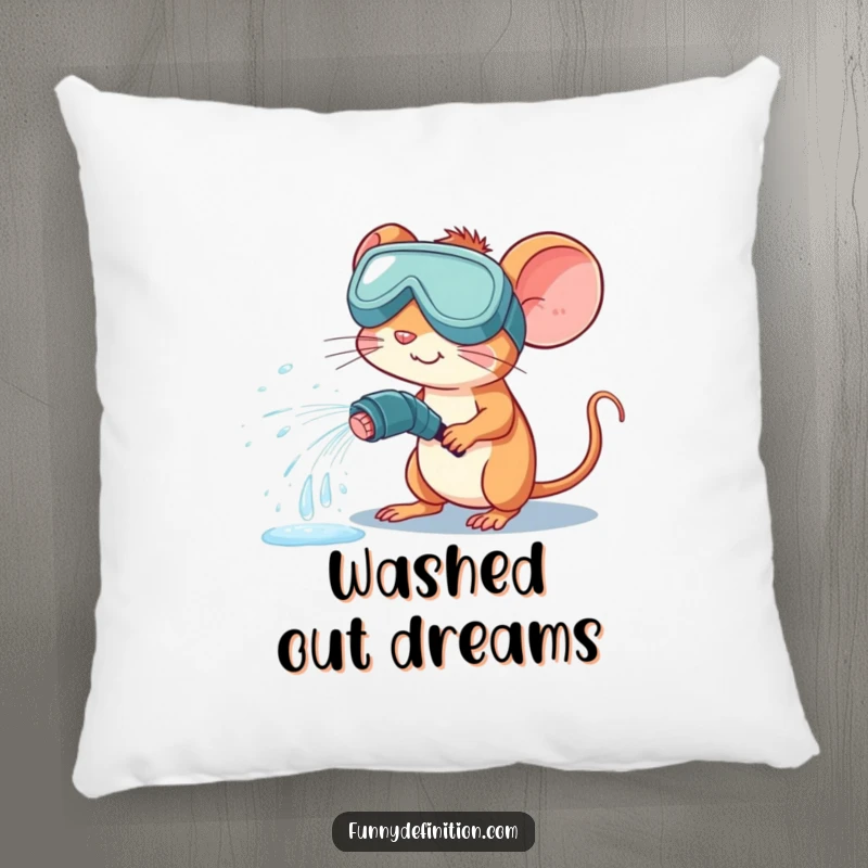 Funny pillow depicting a mouse in goggles accidentally spraying water from a hose, a soft and humorous addition to any room.