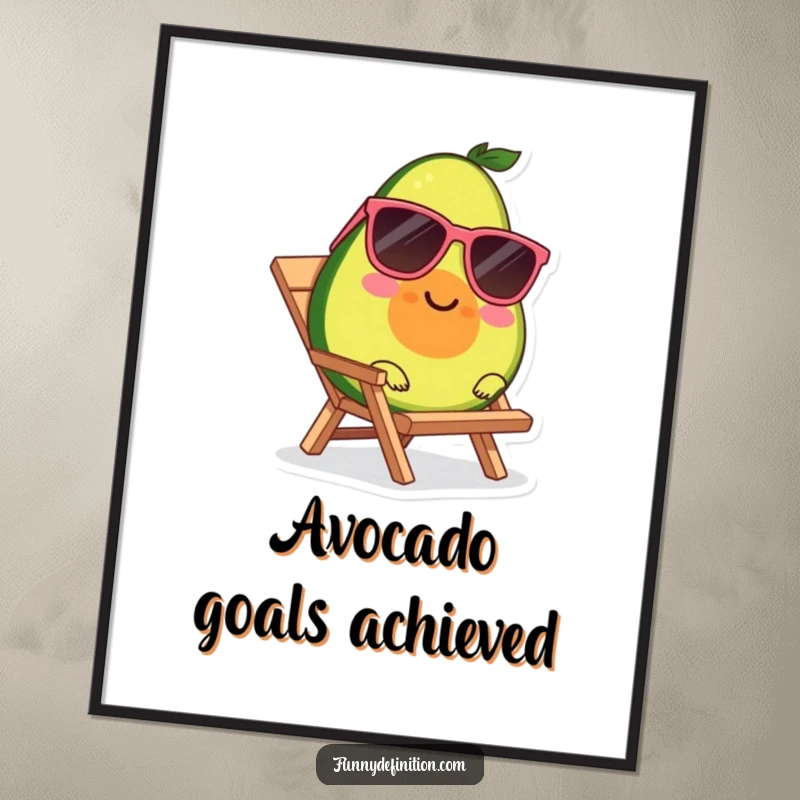 Funny digital art print of a smiling avocado wearing sunglasses, lounging on a tiny beach chair.