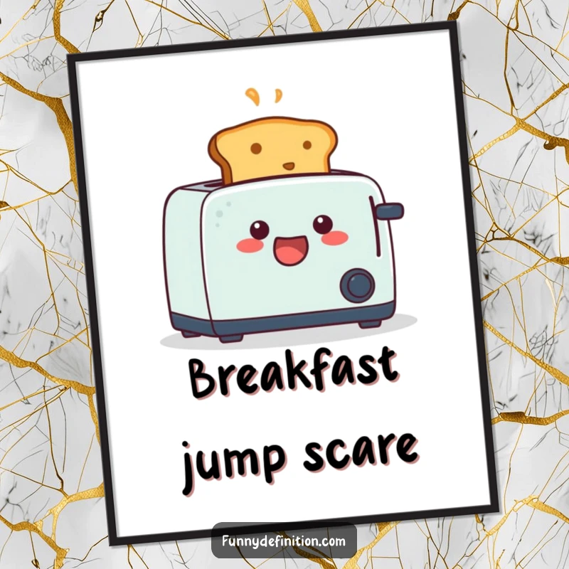 Funny digital art of a piece of toast comically popping out of a toaster with a shocked expression, perfect for funny decor.