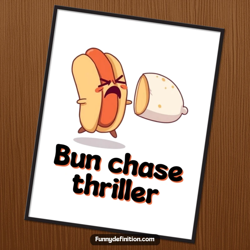 Funny digital art print of a nervous hot dog fleeing a pursuing bun, bringing chaotic food humor and diner energy to any room.