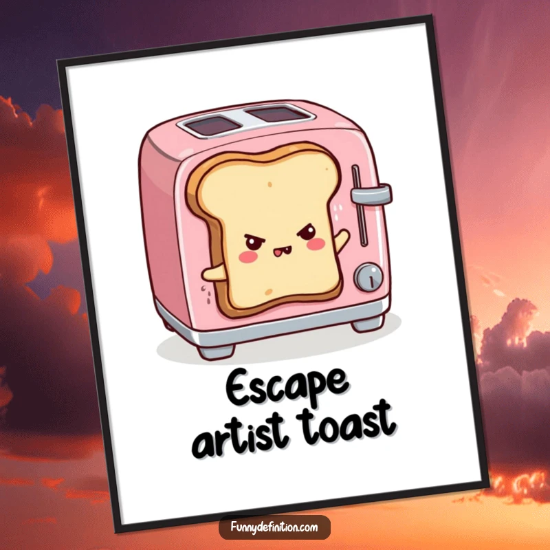 Funny digital art print of sentient toast escaping a toaster, determined expression, high-resolution quirky breakfast-themed artwork.