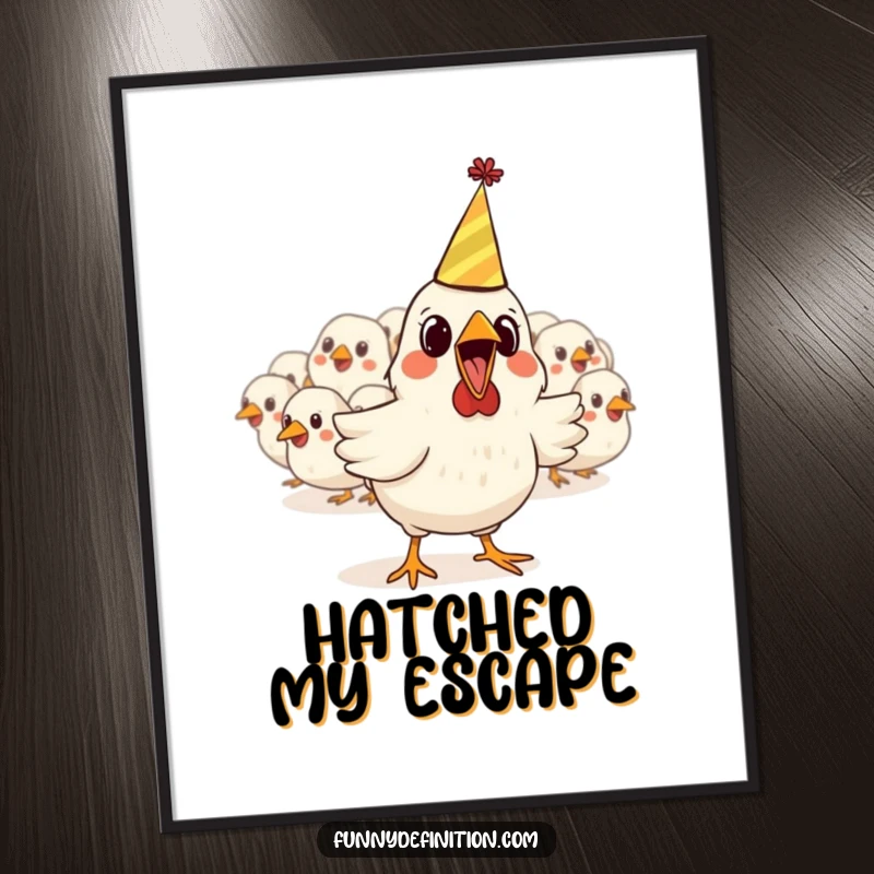 Funny digital art print of a startled chicken in a party hat escaping a flock, bursting with color and comedic energy for instant download.