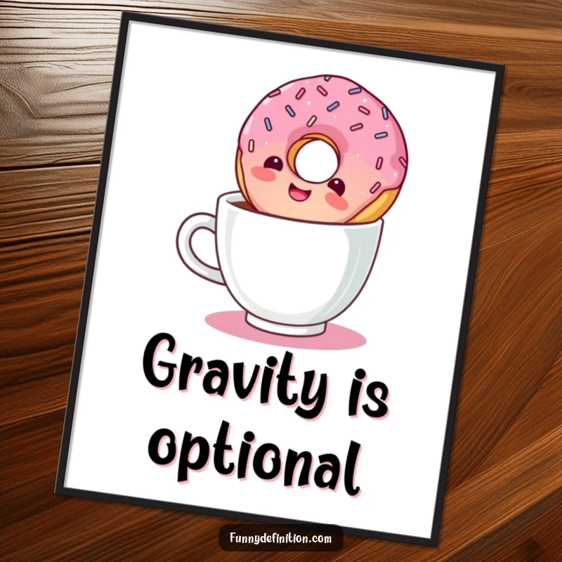 Funny digital art print of a giggling donut with sprinkles floating upside down in a coffee cup.