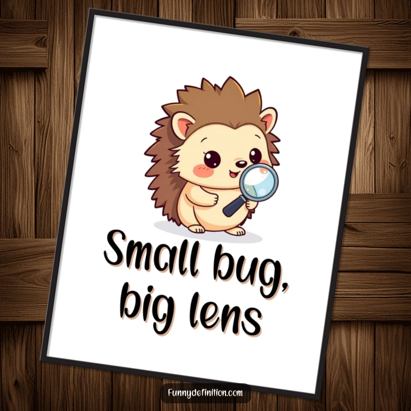 Funny digital art print of a hedgehog meticulously debugging code with a magnifying glass, perfect for adding nerdy, comedic charm.