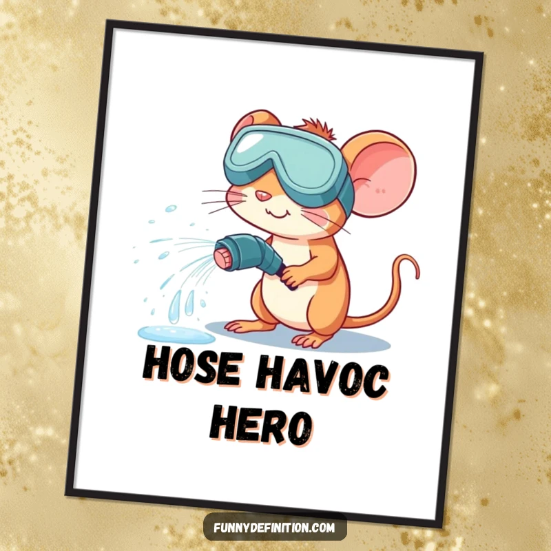 Funny digital art print of a mouse wearing large goggles, accidentally spraying water from a hose, creating a comical mess.