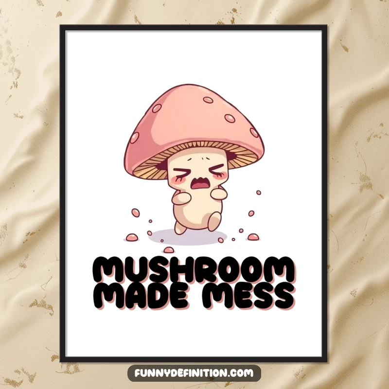 Funny digital art print of a nervous mushroom character tripping over its cap, scattering spores.