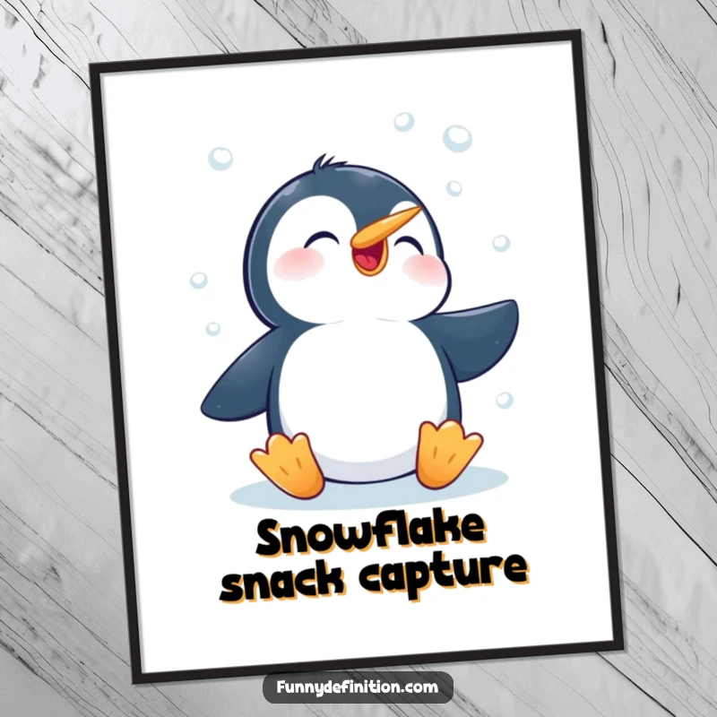 Funny digital art print of a penguin enthusiastically trying to catch falling snowflakes with its beak, bringing winter joy.