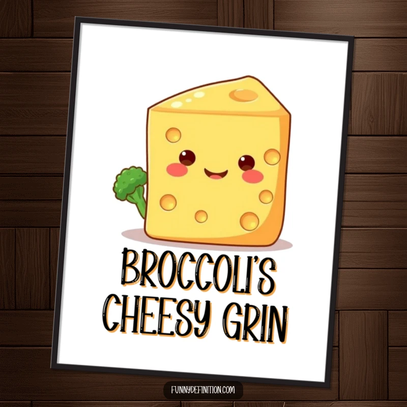 Funny digital art print of a shy broccoli floret peeking from behind a huge, smiling cheese wedge, bringing cute veggie friendship to any room.