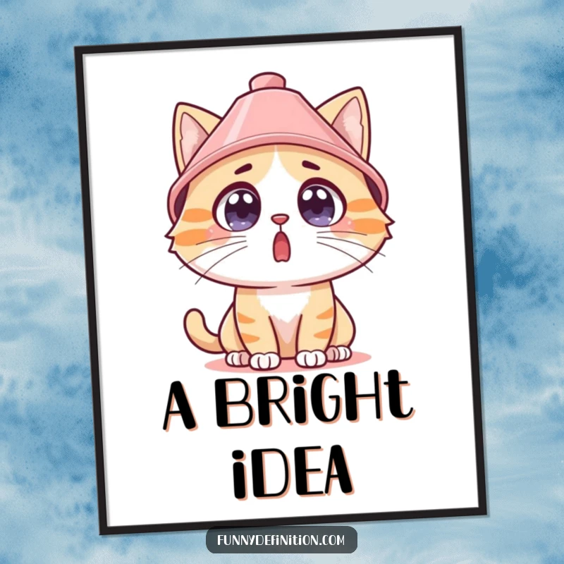 Funny surprised cat wearing a lampshade hat on a digital art print, wide eyes full of comedic surprise.