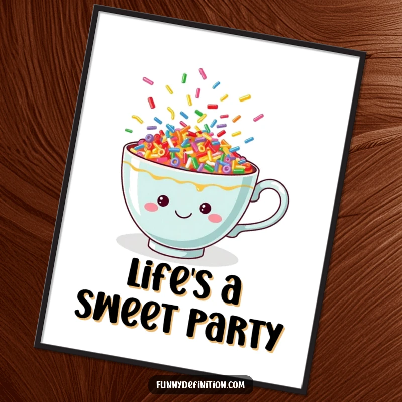 Funny digital art print of a cheerful teacup spilling vibrant, dancing sprinkles, perfect for adding instant joy and color.